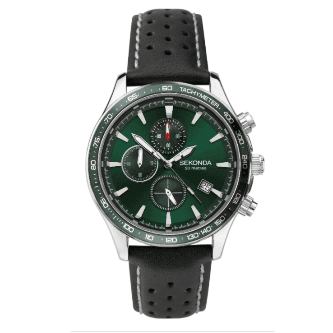 Sekonda Mens Dual Time Watch with Green Dial and Black Leather Strap 1862