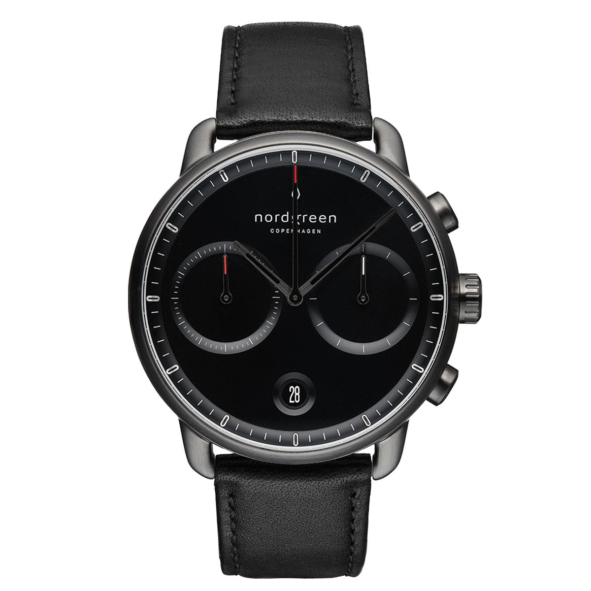 Nordgreen Pioneer Scandinavian Men's Chronograph Watch Black Dial and Black Leather Strap