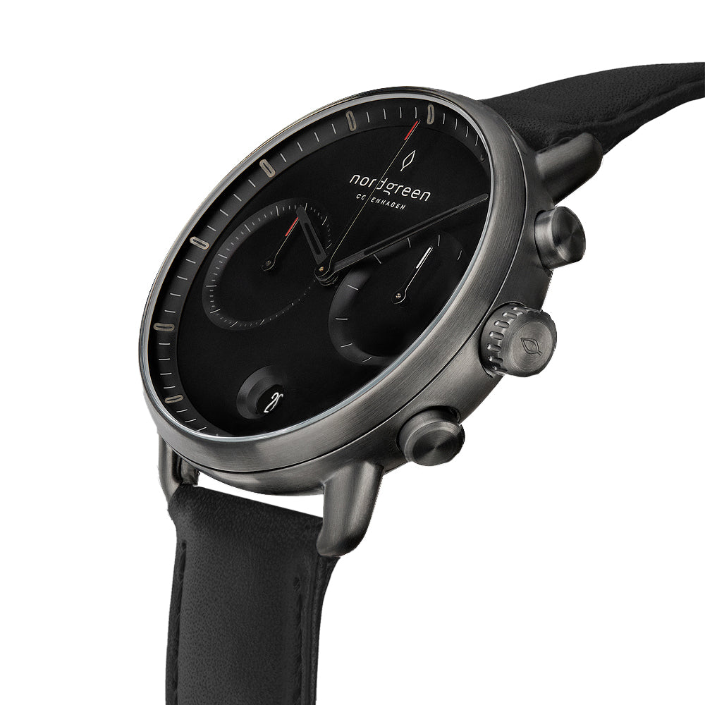 Nordgreen Pioneer Scandinavian Men's Chronograph Watch Black Dial and Black Leather Strap