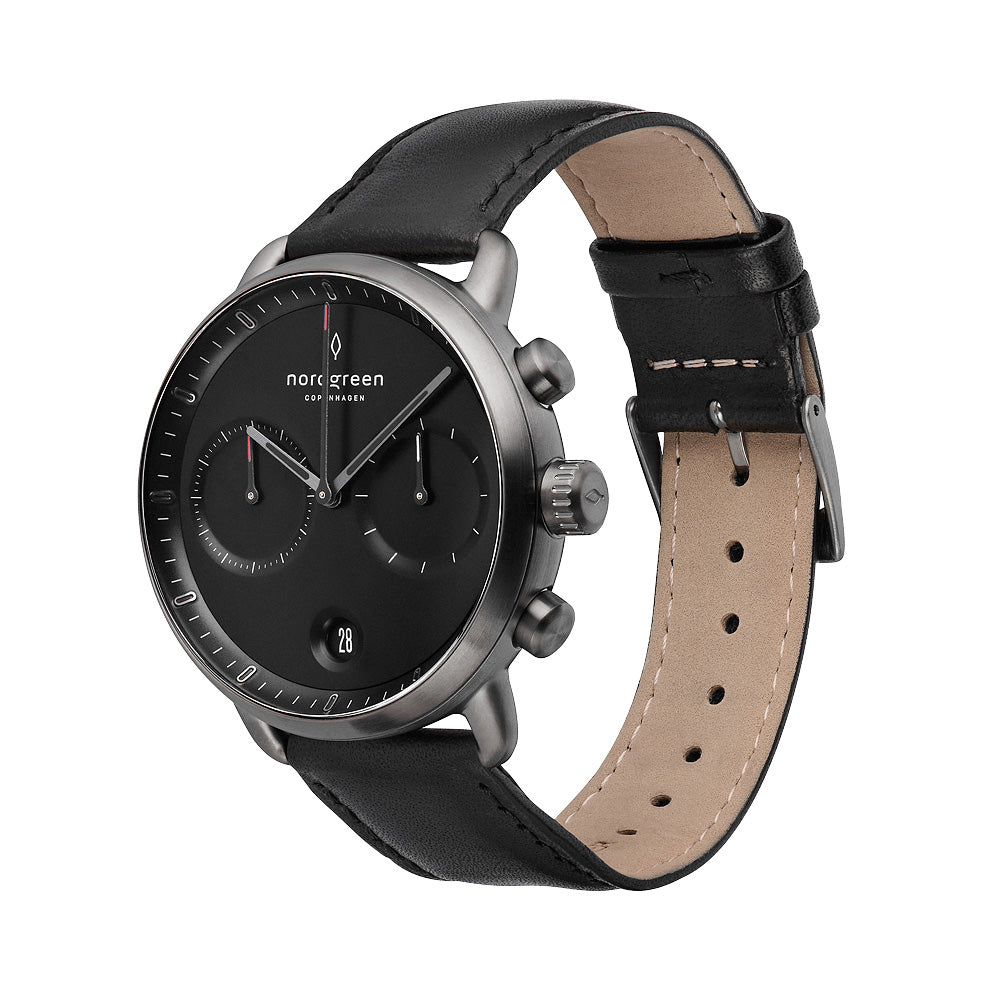Nordgreen Pioneer Scandinavian Men's Chronograph Watch Black Dial and Black Leather Strap