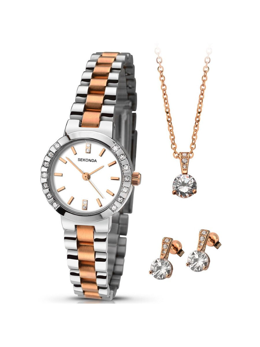 Sekonda Ladies Two Tone Bracelet Strap Watch Necklace and Earrings Gift Set 2353G