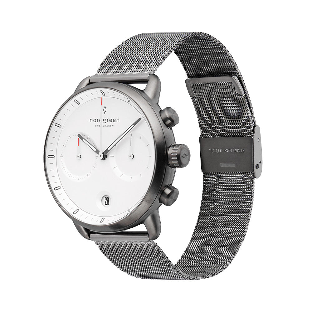 Nordgreen Pioneer Scandinavian Men's Chronograph Watch White Dial and Mesh Strap