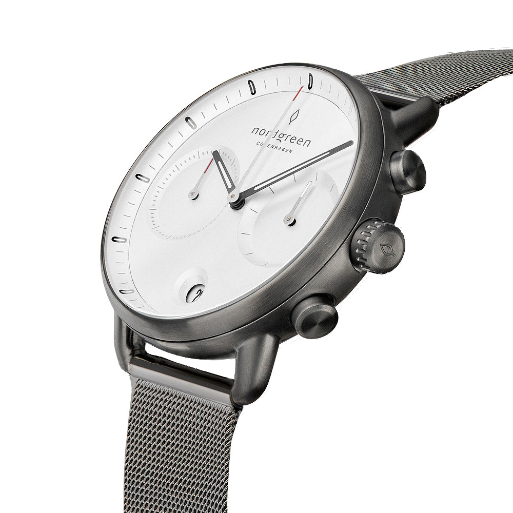 Nordgreen Pioneer Scandinavian Men's Chronograph Watch White Dial and Mesh Strap
