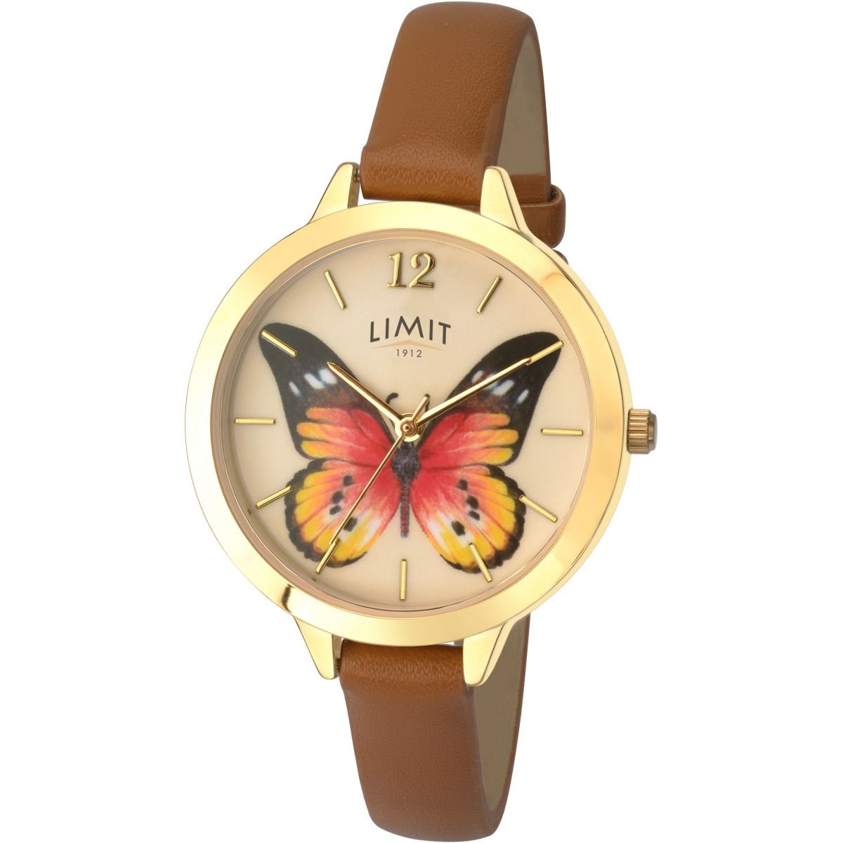 Limit Ladies Secret Garden Watch with Gold Plated Butterfly Dial and Brown Strap 6275