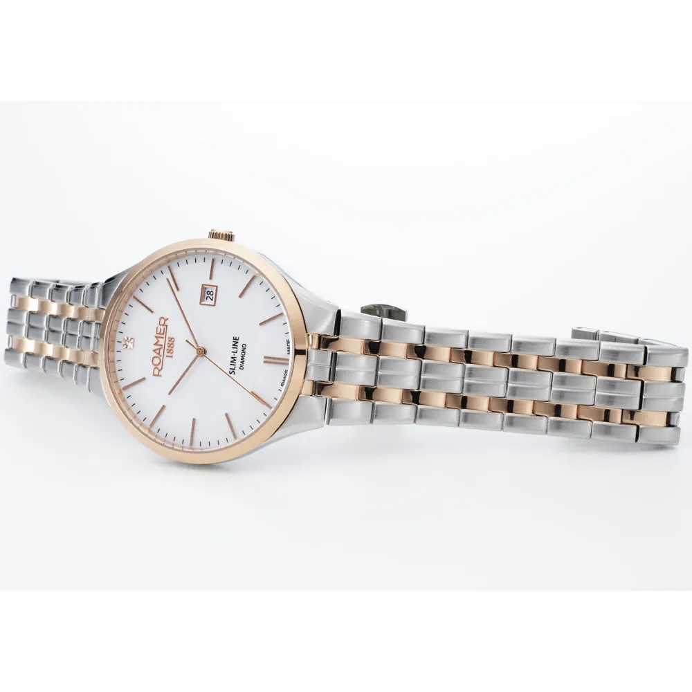 Roamer Slim-Line Mens Watch with White Dial and Two Tone Bracelet 864833 49 25 50