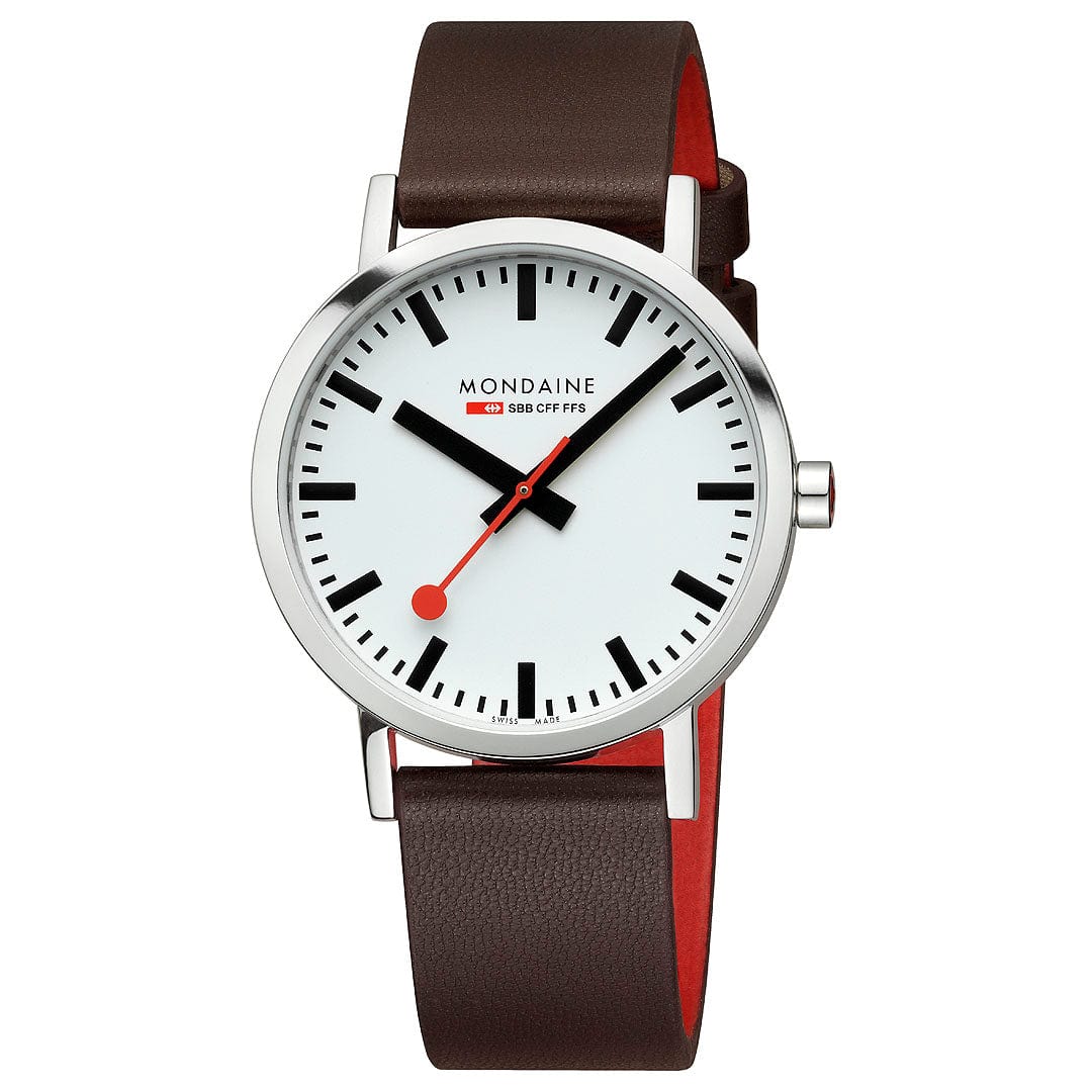 Mondaine Classic Mens Watch with White Dial and Brown Vegan Leather Strap A660.30360.11SBGV