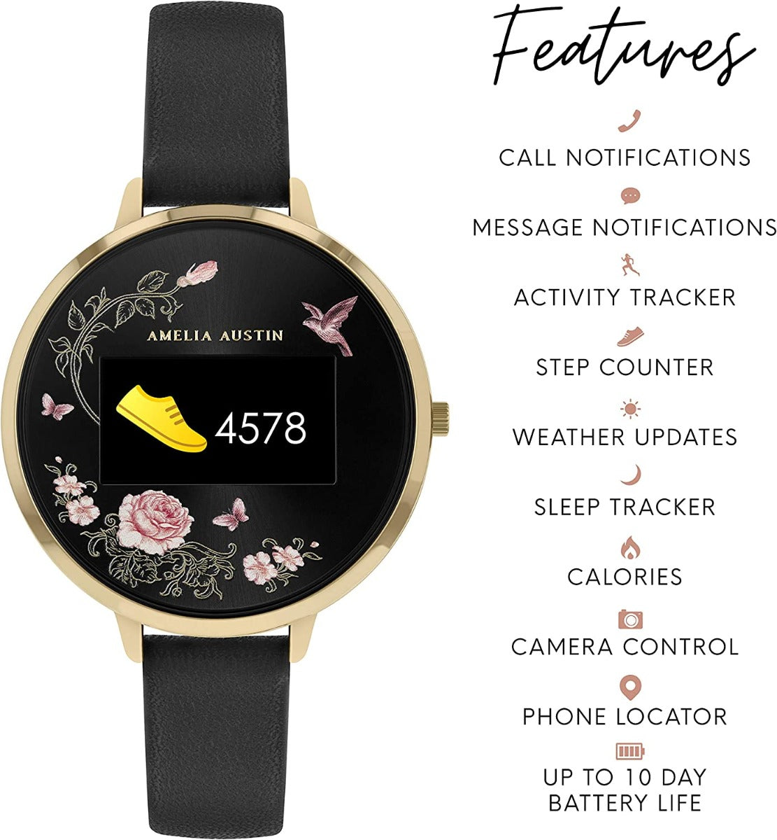 Amelia Austin Ladies Smart Watch with Black Leather Strap AA03-2000