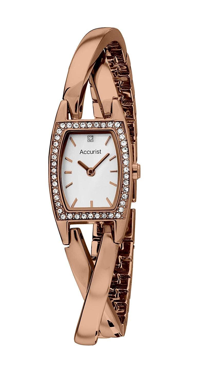 Accurist Women's Quartz Watch with White Analogue Display and Rose Gold Stainless Steel Bracelet LB1637P