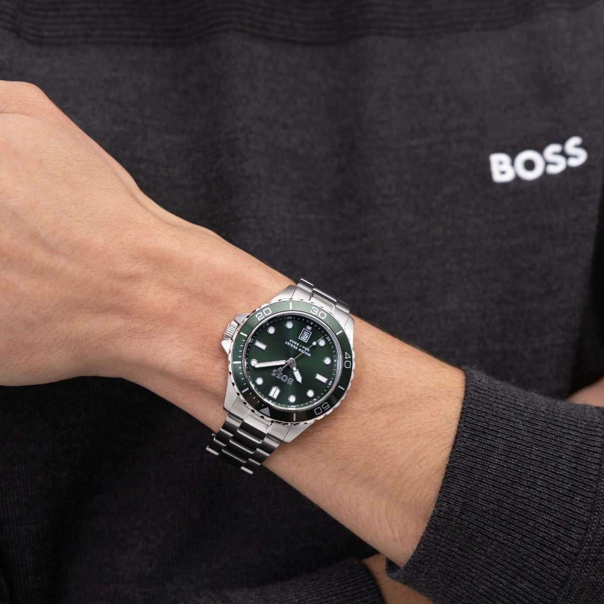 Boss Troper Sport Mens Watch with Green Dial and Silver Strap 1514294
