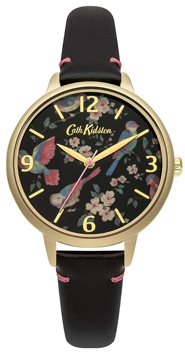 Cath Kidston Ladies Watch with British Birds Black Dial and Black & Pink Leather Strap CKL001BG