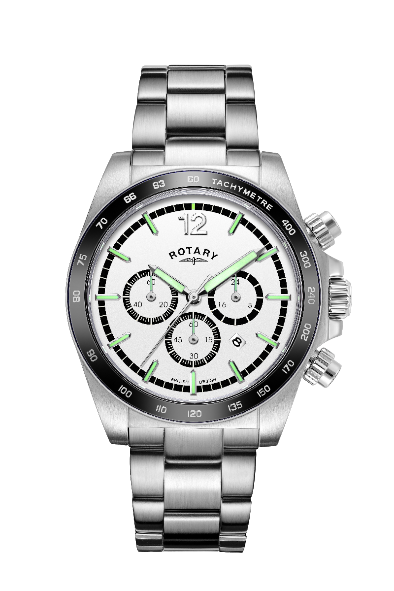 Rotary Mens Henley Chronograph Watch with White Dial & Silver Bracelet GB05440/02