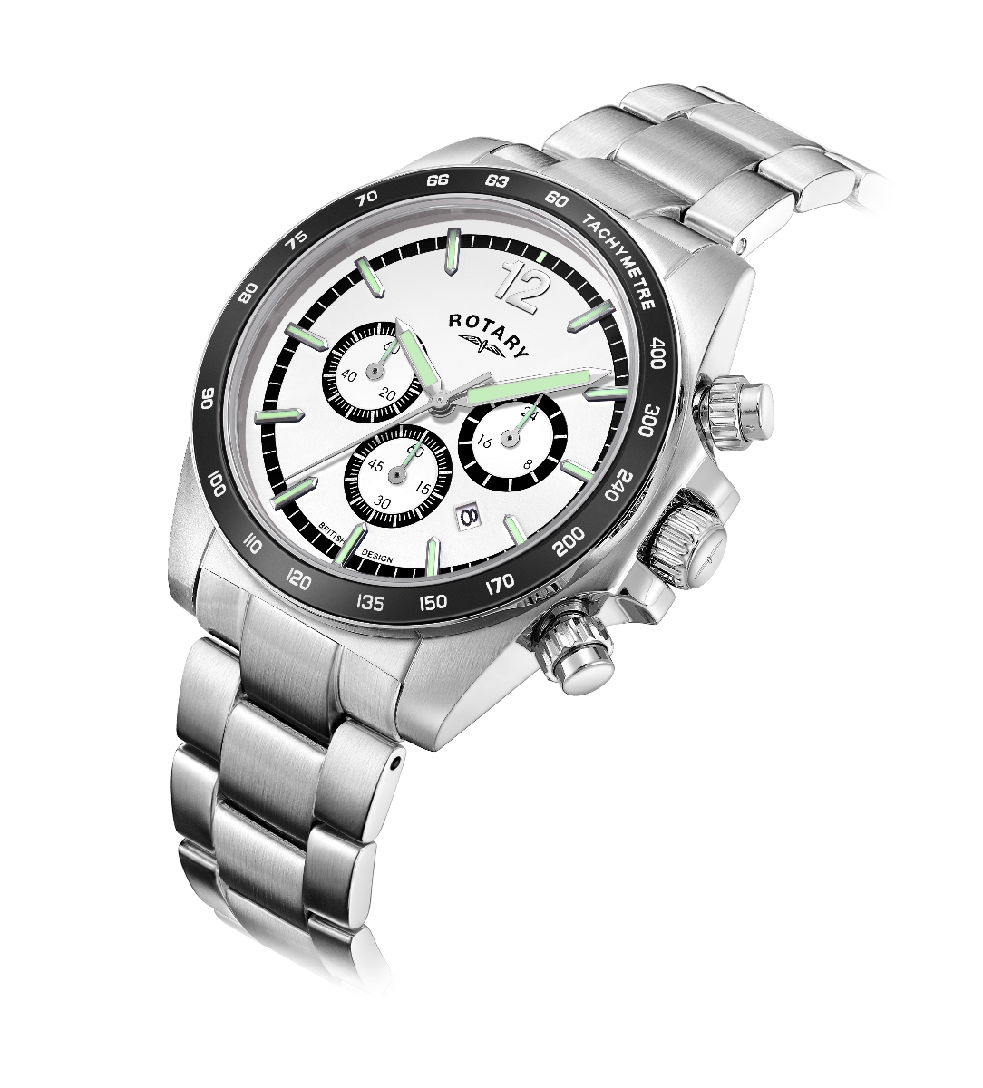 Rotary Mens Henley Chronograph Watch with White Dial & Silver Bracelet GB05440/02