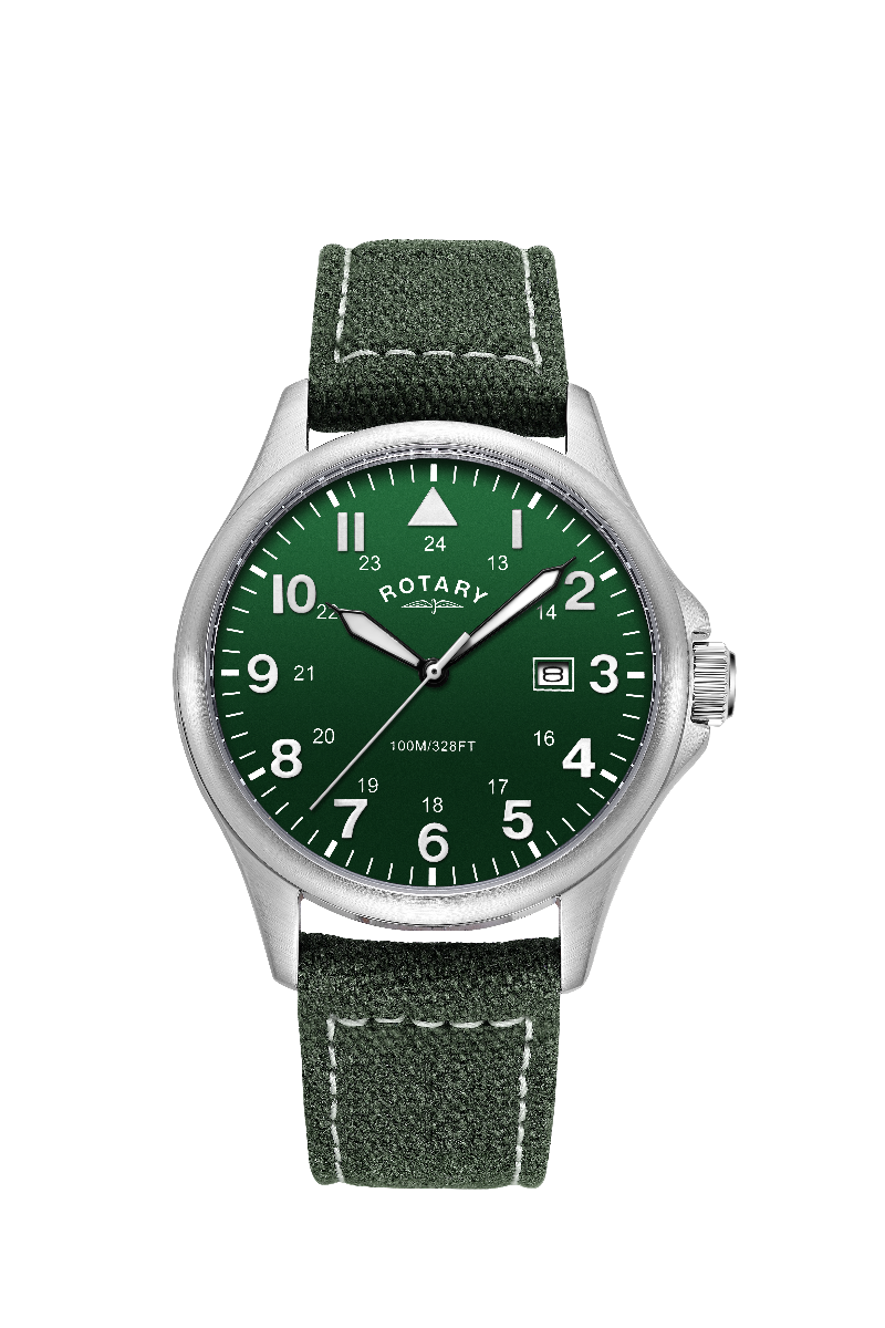 Rotary Mens Pilot Watch with Green Dial and Green Canvas Strap GS00473/56