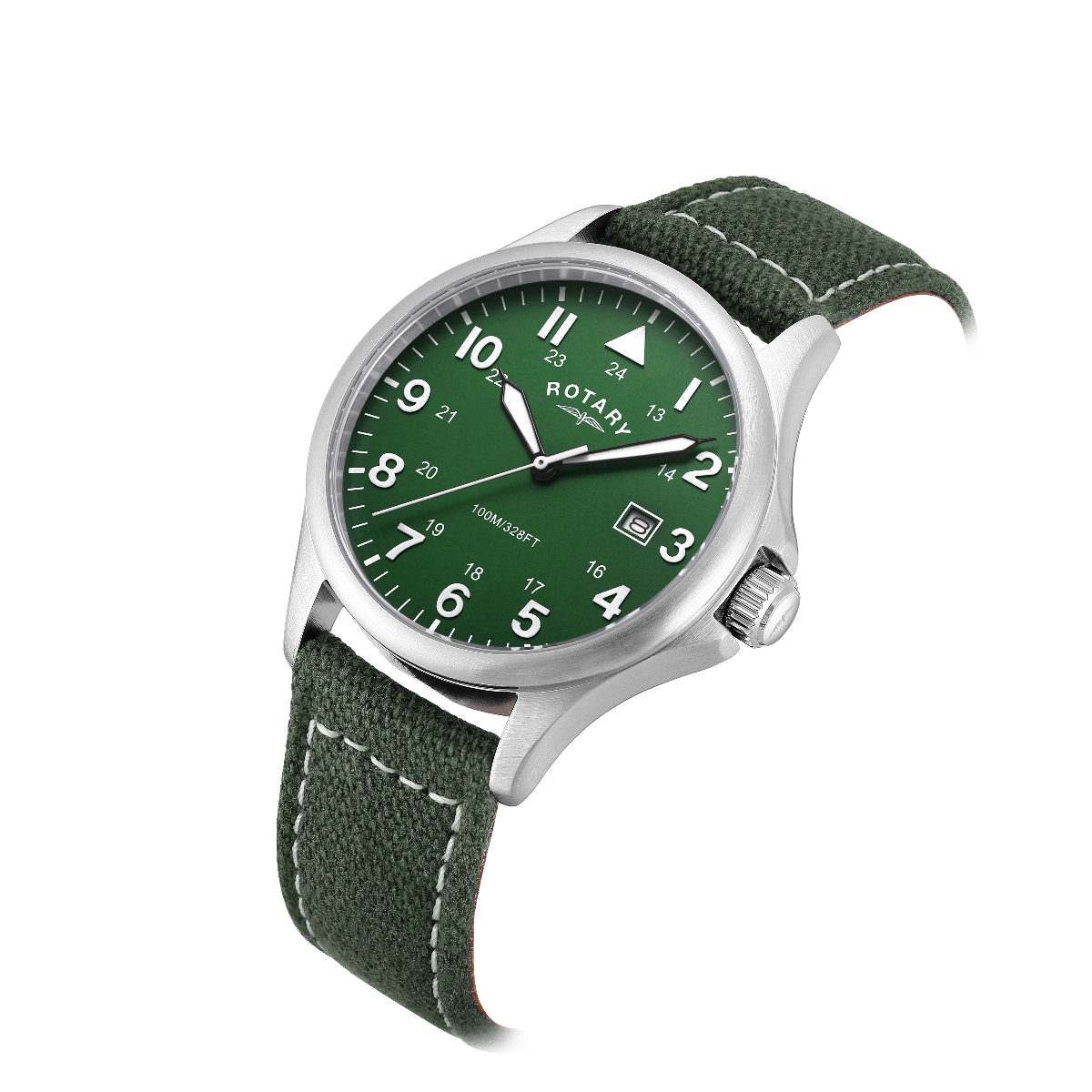 Rotary Mens Pilot Watch with Green Dial and Green Canvas Strap GS00473/56