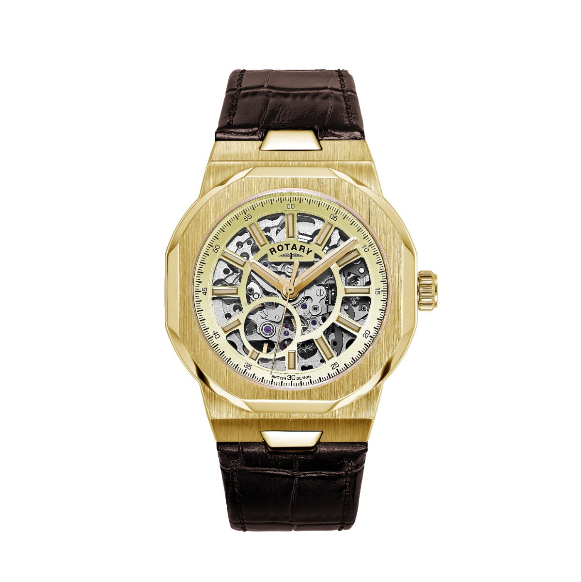 Rotary Men's Automatic Regent Watch with Champagne Skeletal Dial and Brown Strap GS05418/03