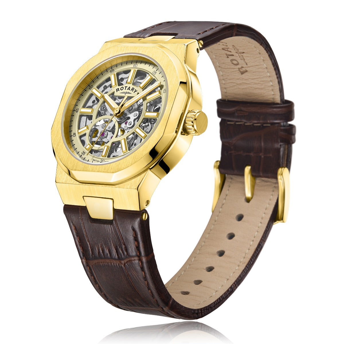 Rotary Men's Automatic Regent Watch with Champagne Skeletal Dial and Brown Strap GS05418/03