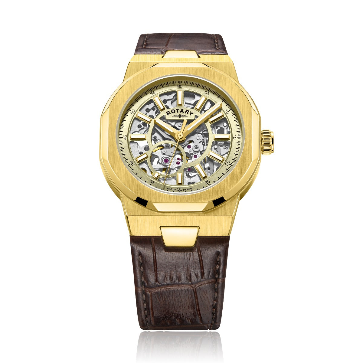 Rotary Men's Automatic Regent Watch with Champagne Skeletal Dial and Brown Strap GS05418/03