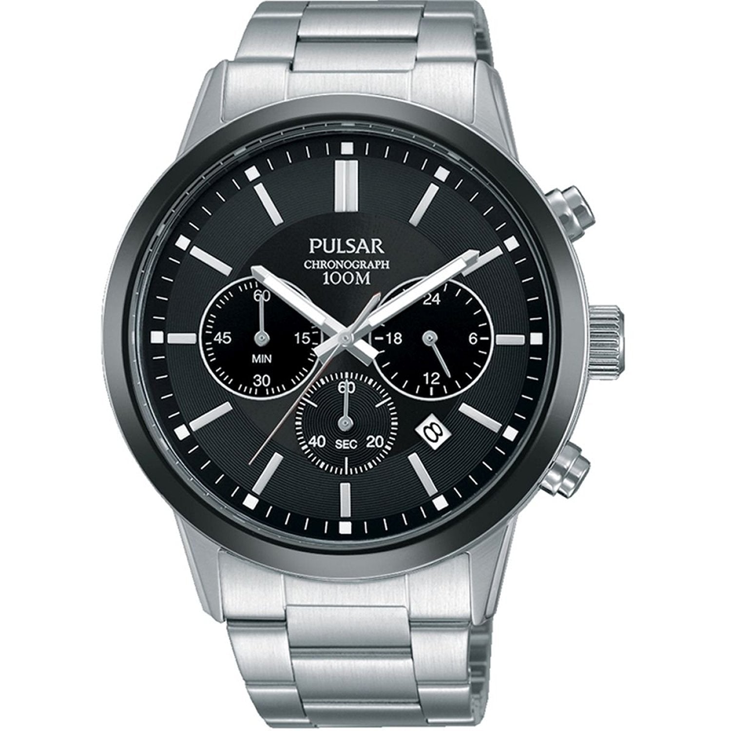 Pulsar Mens Stainless Steel Black Chronograph Dial Watch PT3747X1