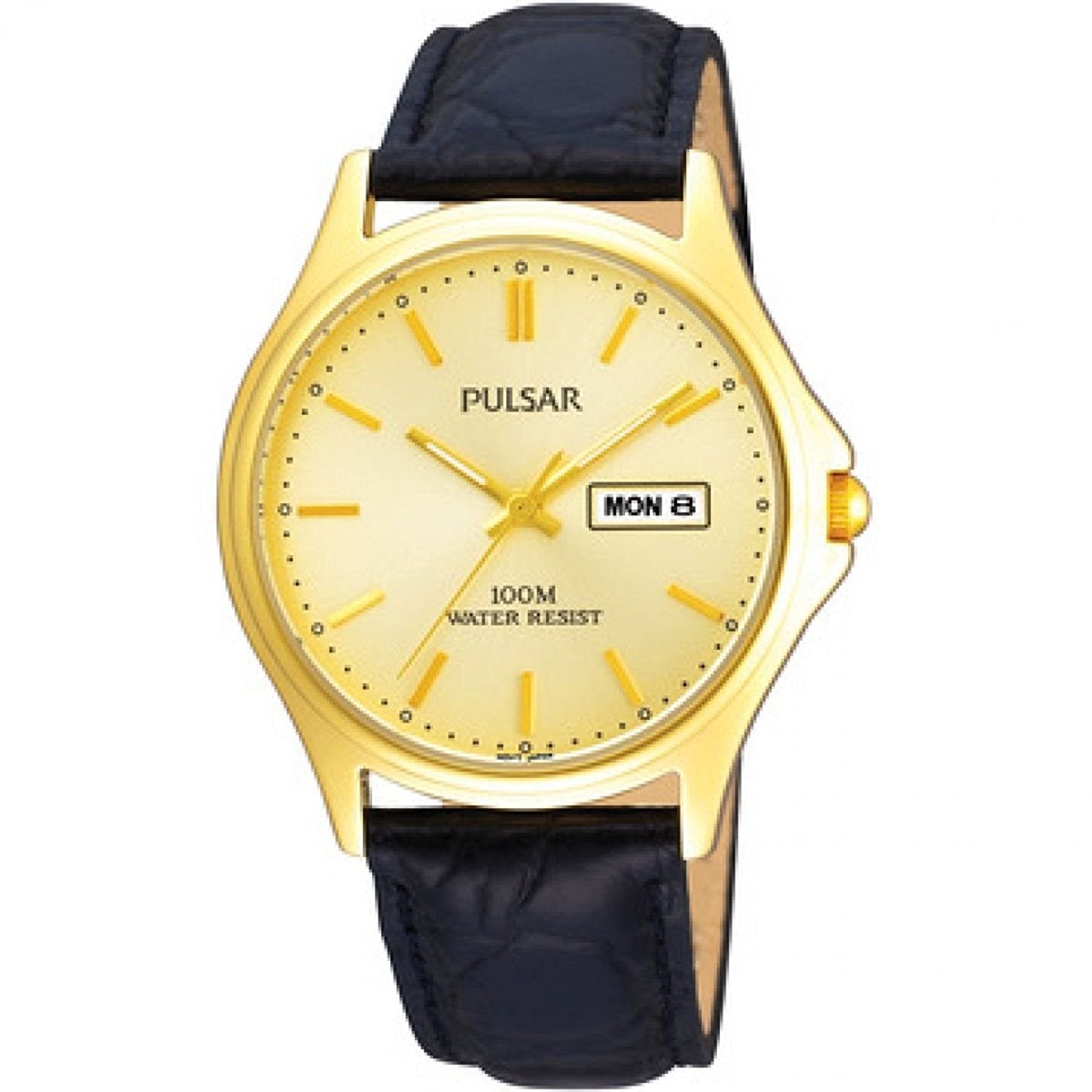 Pulsar Mens Leather Strap Watch With Gold Dial PXF296X1