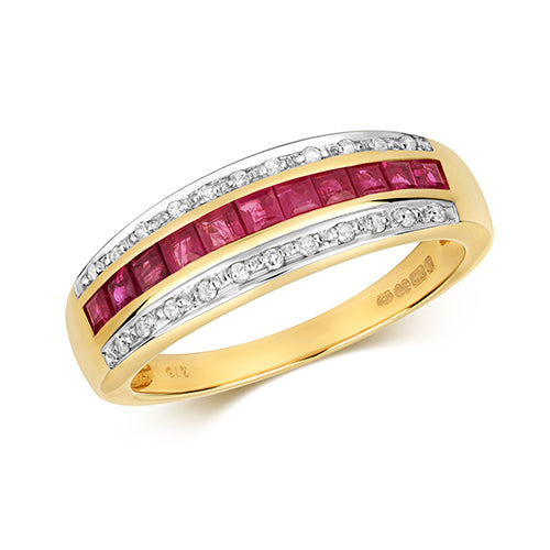 9ct Yellow Gold Ruby and Diamond Band Ring 0.760+0.090 CT