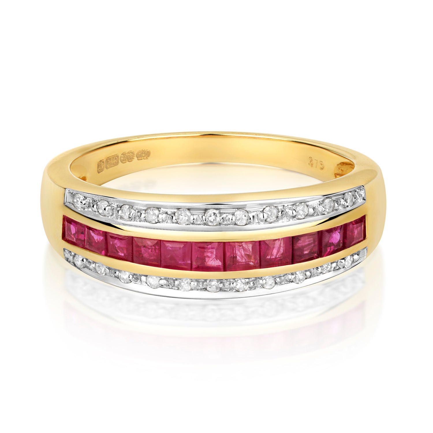 9ct Yellow Gold Ruby and Diamond Band Ring 0.760+0.090 CT