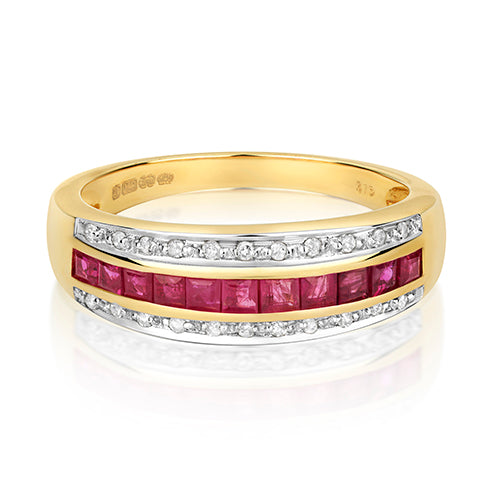 9ct Yellow Gold Ruby and Diamond Band Ring 0.760+0.090 CT
