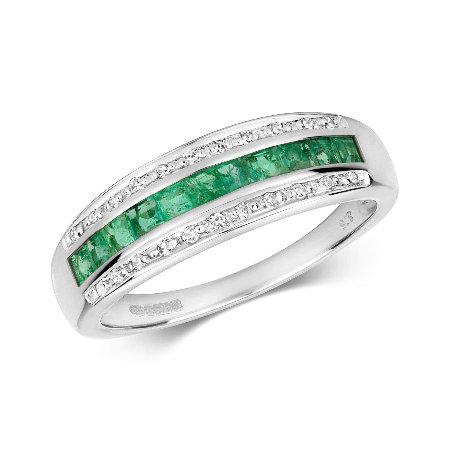 9ct White Gold Emerald and Diamond Band Ring 0.540+0.090 CT