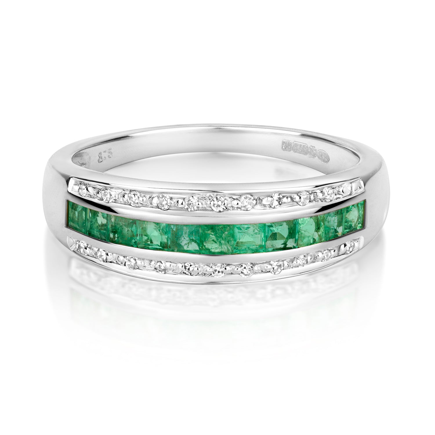 9ct White Gold Emerald and Diamond Band Ring 0.540+0.090 CT