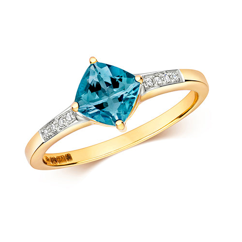 9ct Yellow Gold Blue Topaz and Diamond Dress Ring 0.210+0.010 CT