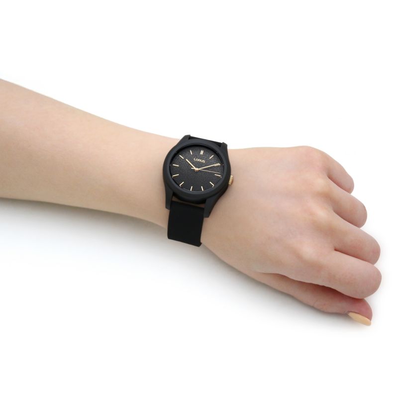 Lorus Ladies Watch with Black Dial and Black Rubber Strap RG267TX9