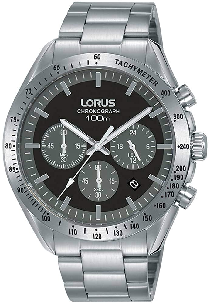 Lorus Mens Chronograph Watch With Black Dial and Silver Strap RT335HX9