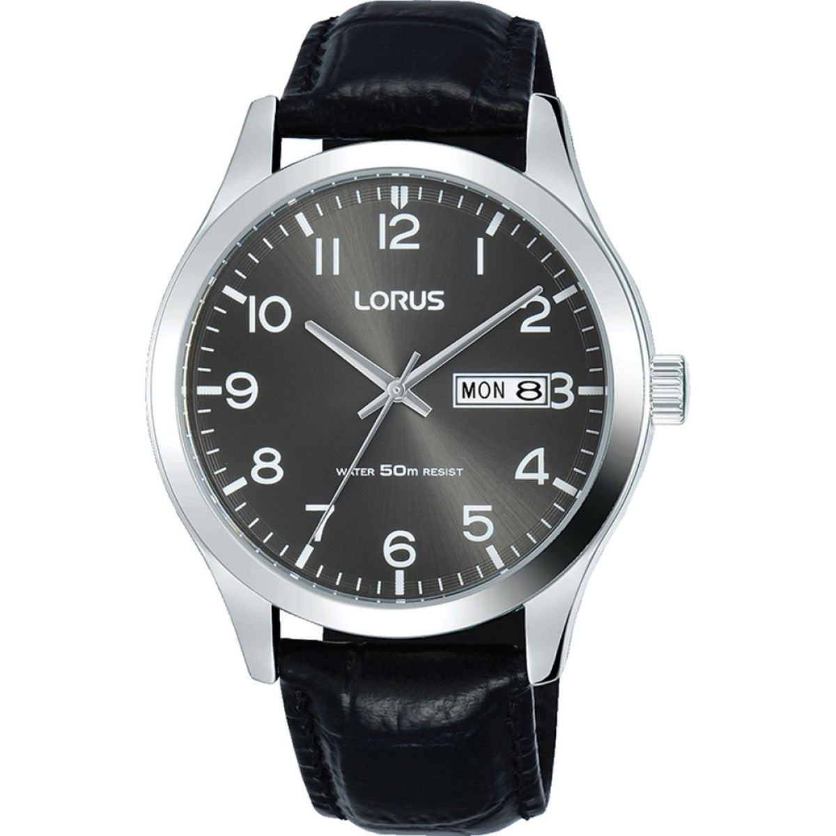 Lorus Mens Watch with Black Leather Strap and Grey Dial RXN59DX9