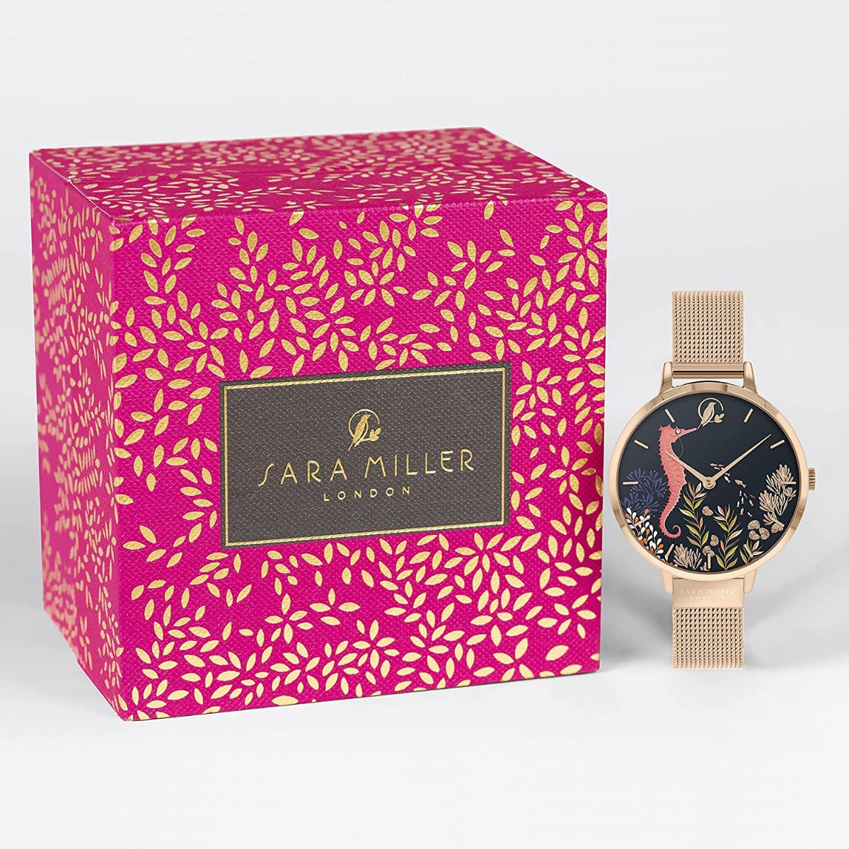 Sara Miller Ladies Seahorse Watch with Black Dial and Rose Gold Milanese Strap SA4094