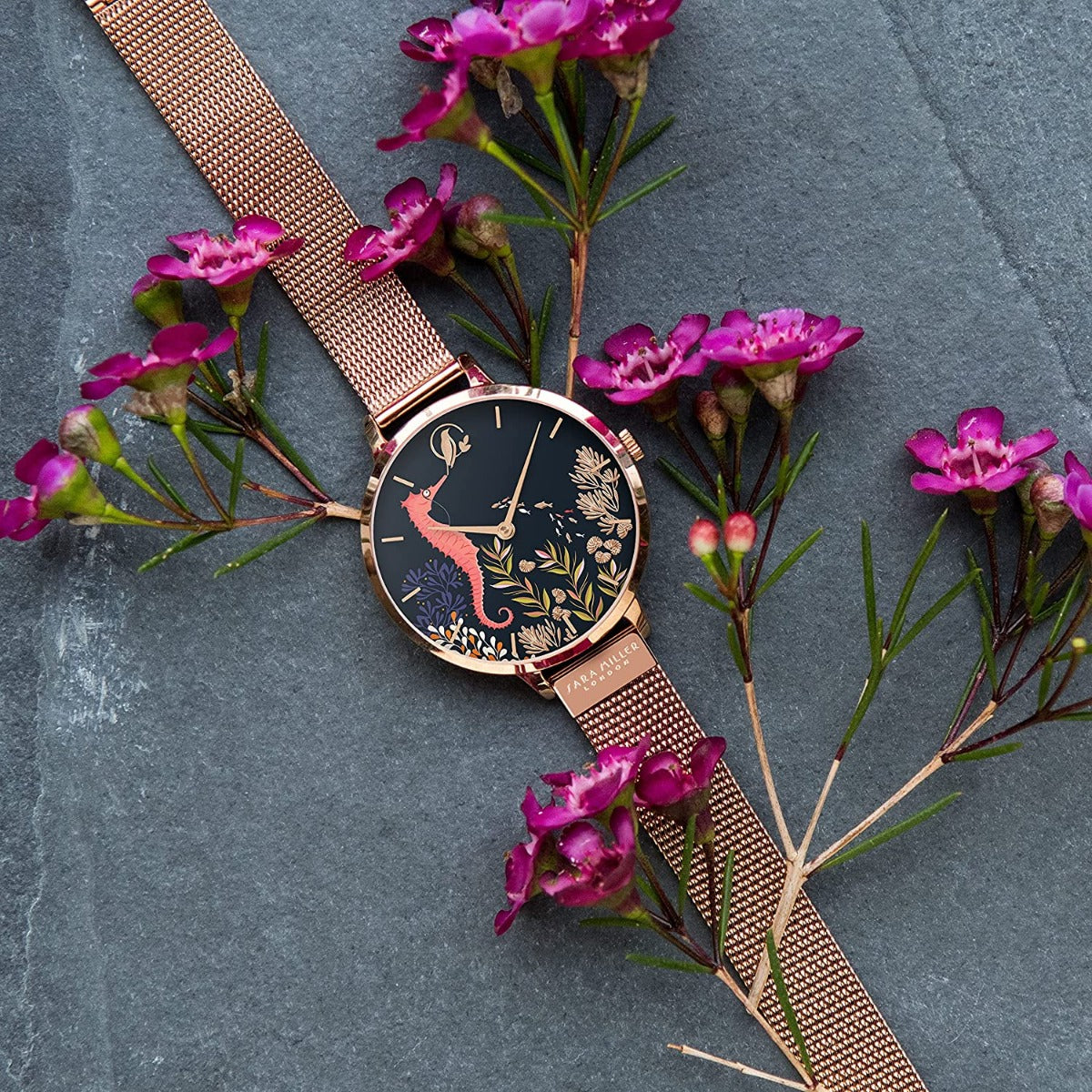 Sara Miller Ladies Seahorse Watch with Black Dial and Rose Gold Milanese Strap SA4094