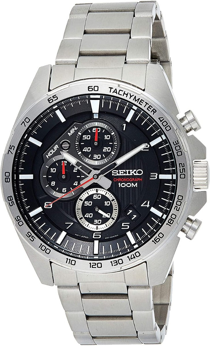 Seiko Mens Chronograph Watch with Dark Grey Dial and Silver Strap SSB319P1