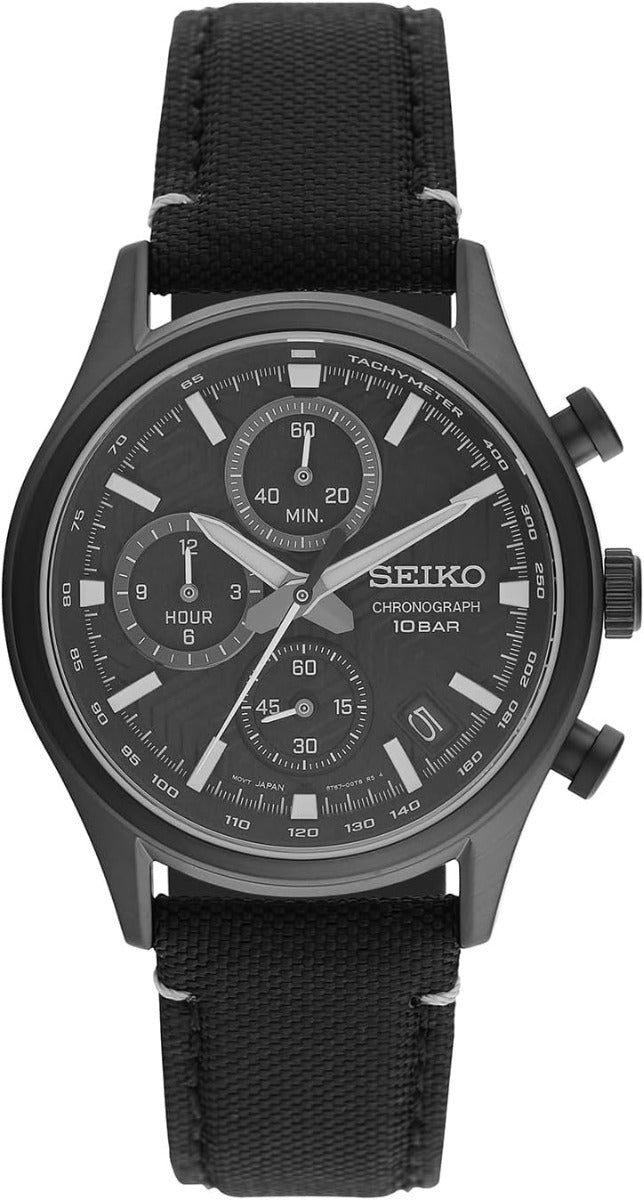 Seiko Mens Watch with Black Dial & Black Leather Strap SSB421P1