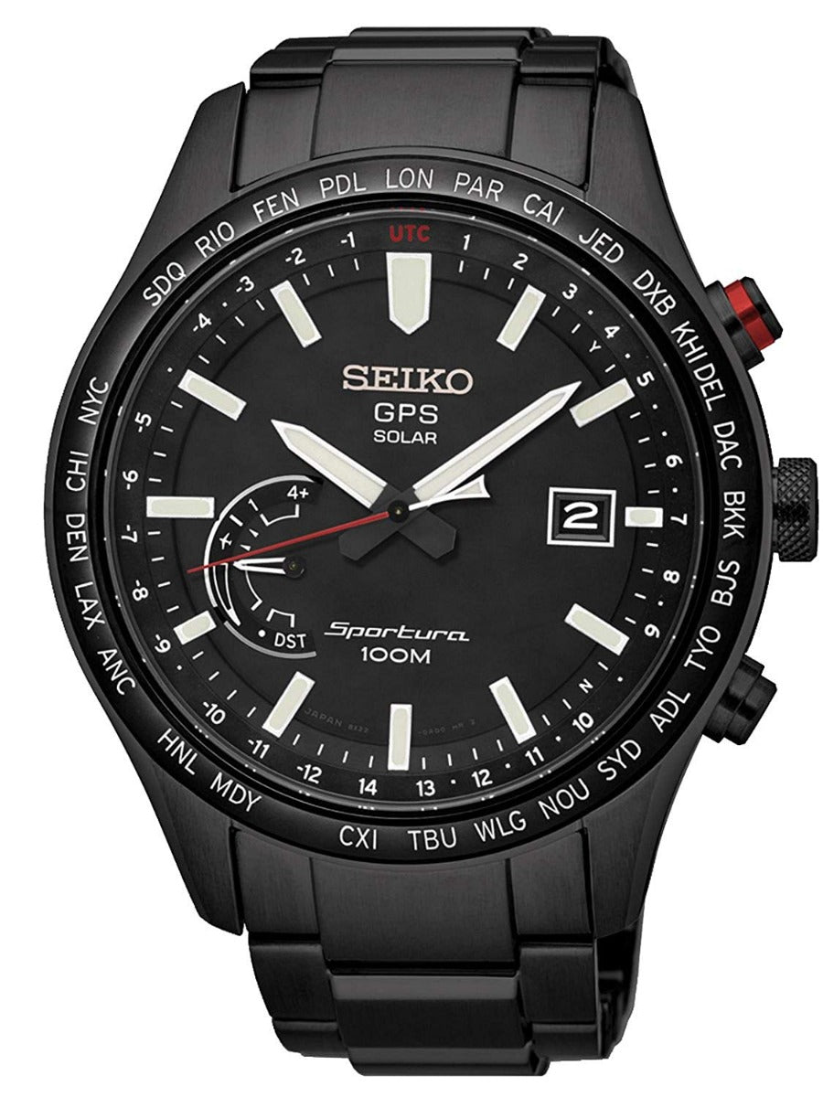 Seiko Mens Analogue GPS Solar Powered Watch with Black Stainless Steel Strap SSF005J1